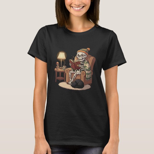 Cozy Skeleton Reader, Bookworm Gothic Art T-Shirt (Front)
