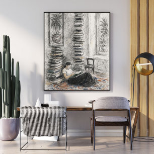Cozy sketch   bookish wall art
