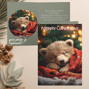 Cozy Sleeping Bear Personalised Photo Christmas Holiday Card