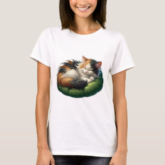 Cozy Sleeping Calico Cat on a Soft Green Cushion T-Shirt