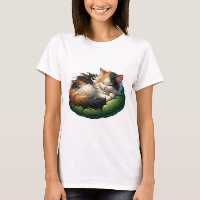 Cozy Sleeping Calico Cat on a Soft Green Cushion  T-Shirt (Front)