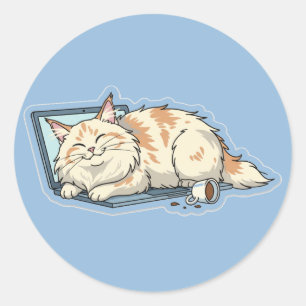 Cozy Sleeping Cat on Laptop   Funny Tech Lover  Classic Round Sticker