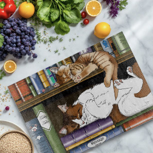 Cozy Sleeping Cats Bookshelf Illustration Cute Cutting Board