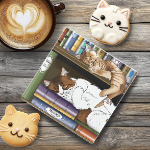 Cozy Sleeping Cats Bookshelf Illustration Cute Glass Coaster