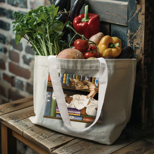 Cozy Sleeping Cats Bookshelf Illustration Cute Large Tote Bag