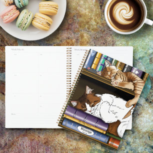 Cozy Sleeping Cats Bookshelf Illustration Cute Planner
