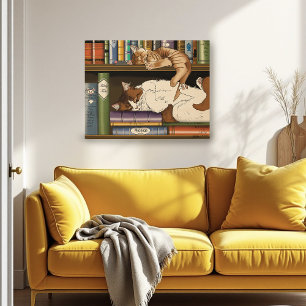 Cozy Sleeping Cats Bookshelf Illustration Cute Poster