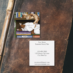 Cozy Sleeping Cats Bookshelf Illustration Cute Square Business Card