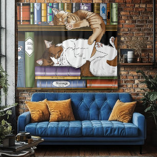 Cozy Sleeping Cats Bookshelf Illustration Cute Tapestry