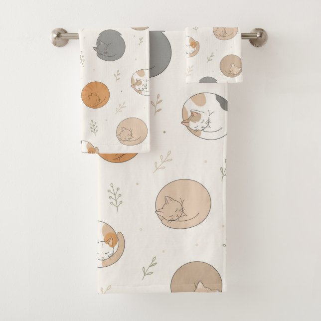 Cozy Sleeping Cats Curled Up Pattern Bath Towel Set (Insitu)