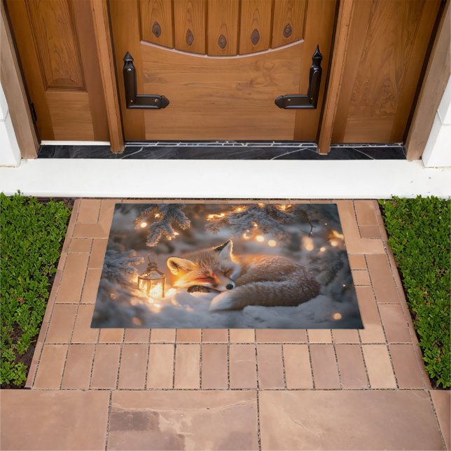 Cozy Sleeping Fox Under Snowy Branches  Doormat (Outdoor)