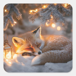 Cozy Sleeping Fox Under Snowy Branches Square Sticker