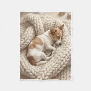 Cozy Sleeping Puppy On Knit Blanket Fleece Blanket