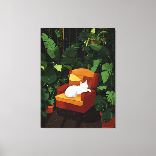 Cozy Sleeping White Cat Illustration Art Canvas Print