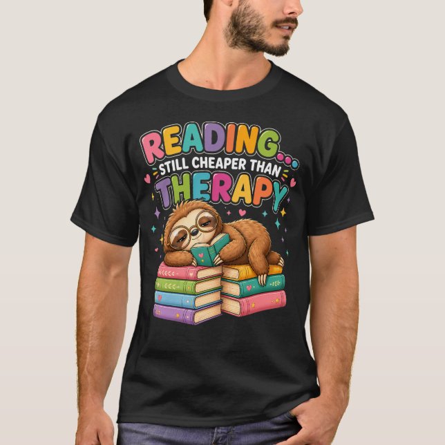 Cozy Sloth Reading Therapy Funny Book Lover T-Shirt (Front)