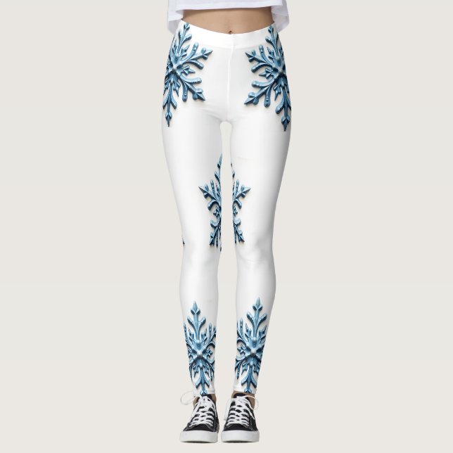 Cozy Snowflake Design in White and Icy Blue Leggings (Front)