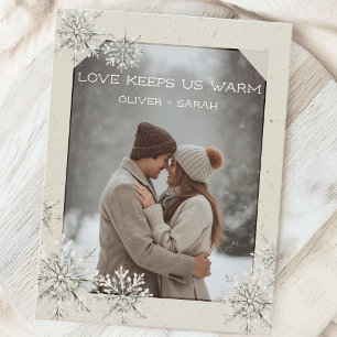 Cozy Snowflake Love keeps us warm couple photo Holiday Postcard
