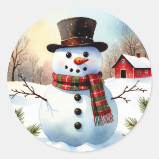 Cozy Snowman Farm Watercolor Christmas Classic Round Sticker