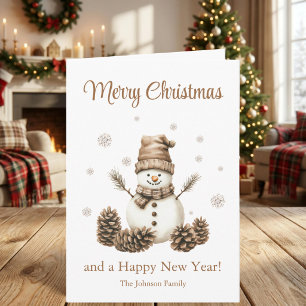 Cozy Snowman Pinecone Merry Christmas Holiday Card