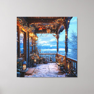 Cozy Snowy Porch Decorated With Christmas Lights Canvas Print