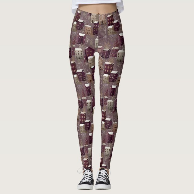 Cozy Snowy Winter Village Pattern (1) Leggings (Front)