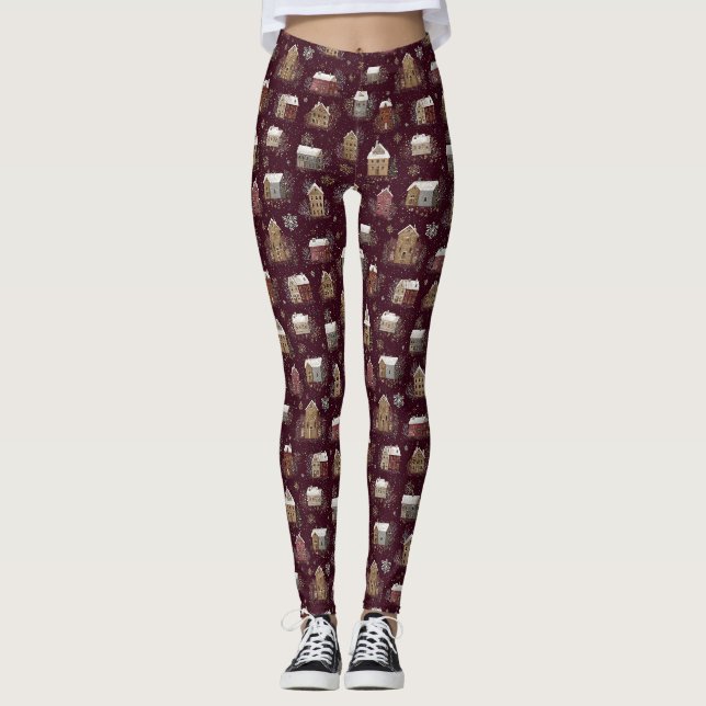 Cozy Snowy Winter Village Pattern (2) Leggings (Front)