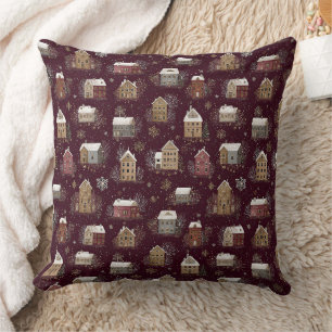 Cozy Snowy Winter Village Pattern (2) Throw Pillow