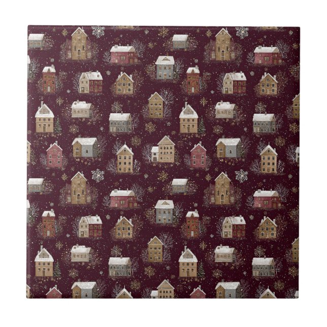 Cozy Snowy Winter Village Pattern (2) Tile (Front)