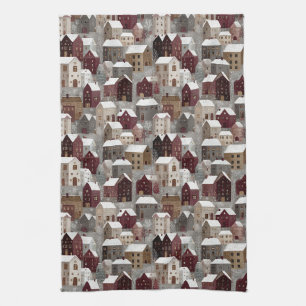 Cozy Snowy Winter Village Pattern (3) Kitchen Towel