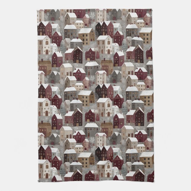 Cozy Snowy Winter Village Pattern (3) Kitchen Towel (Vertical)