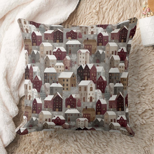 Cozy Snowy Winter Village Pattern (3) Throw Pillow (Blanket)