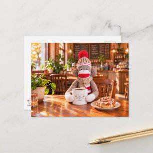 Cozy Sock Monkey Cafe Coffee and Cinnamon Roll Postcard