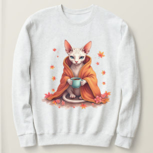 Cozy Sphynx Cat Wrapped in Blanket with Coffee – P Sweatshirt