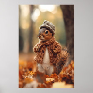 Cozy Squirrel Fall Art Print, Autumn Woodland Poster