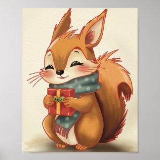 Cozy Squirrel with a Gift – Whimsical Winter Woodl Poster