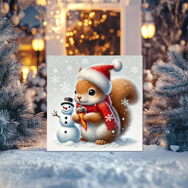 Cozy Squirrel with Snowman and Santa Hat Holiday Card (Creator Uploaded)