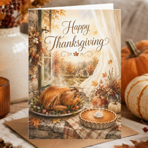 Cozy Stone Cottage Turkey Pumpkin Pie Thanksgiving Card