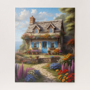 Cozy Stone Cottage with Blue Door Garden Jigsaw Puzzle