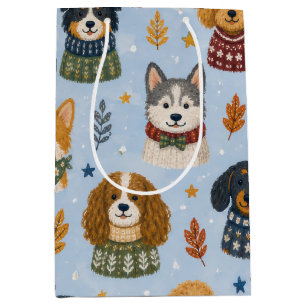 Cozy Sweater Puppies Winter Dog Pattern Medium Gift Bag