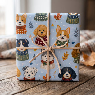 Cozy Sweater Puppies Winter Dog Pattern Wrapping Paper Sheet