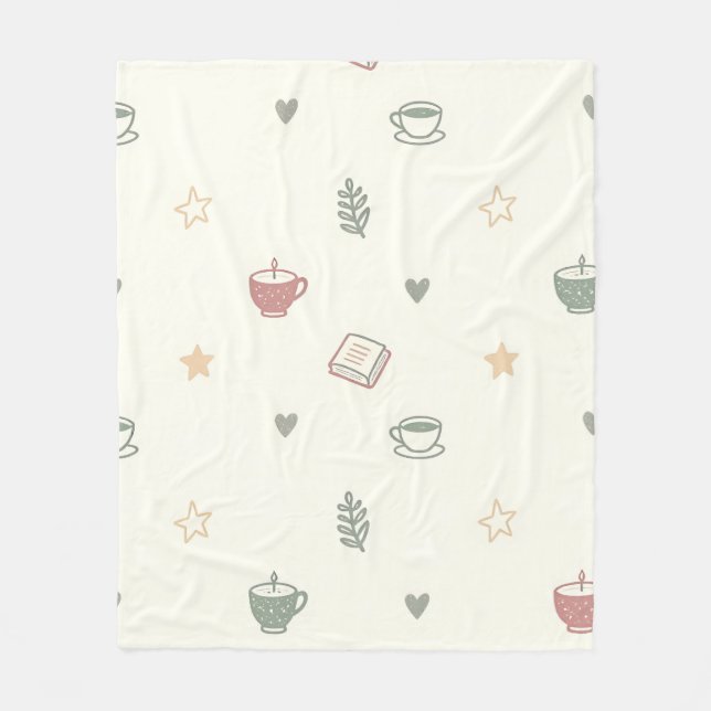 Cozy Tea Books Candle Pattern Soft Fleece Blanket (Front)