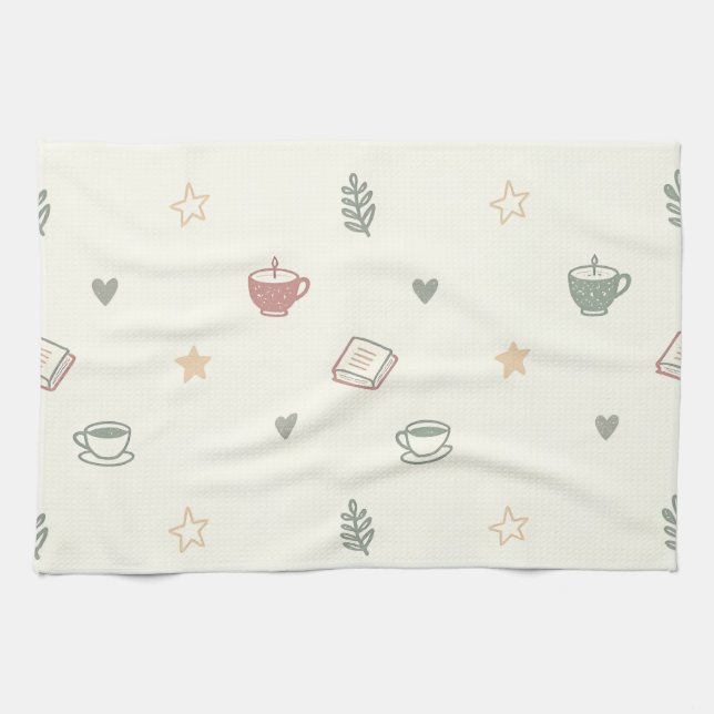 Cozy Tea Books Candle Pattern Soft Kitchen Towel (Horizontal)