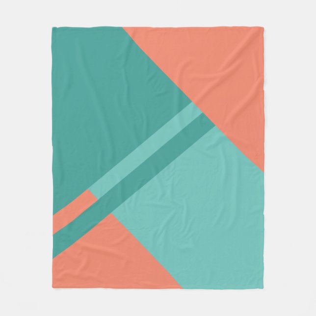 Cozy teal and orange colour block fleece blanket (Front)