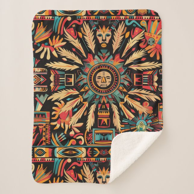 Cozy Teal "Aztec Dream" Plush Sherpa Blanket (Front)