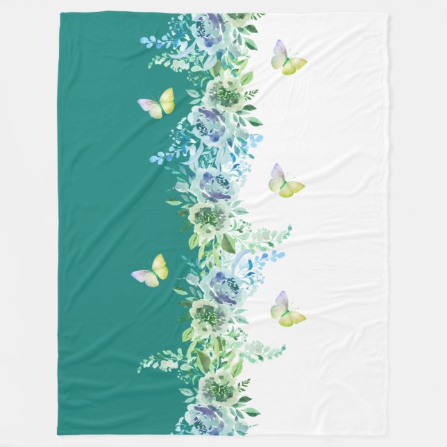 Cozy Teal Floral and Butterfly Sherpa Throw Fleece Blanket (Front)