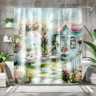 Cozy Teal & Pink Cottage Floral    Shower Curtain
