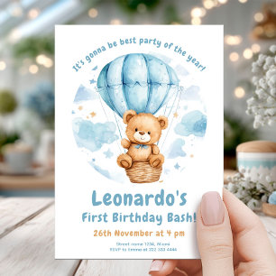 Cozy Teddy Balloon 1st Birthday Invitation