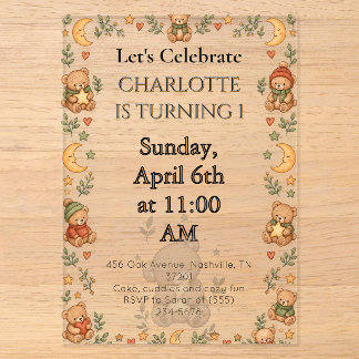 Cozy Teddy Bear Birthday  Acrylic Invitations