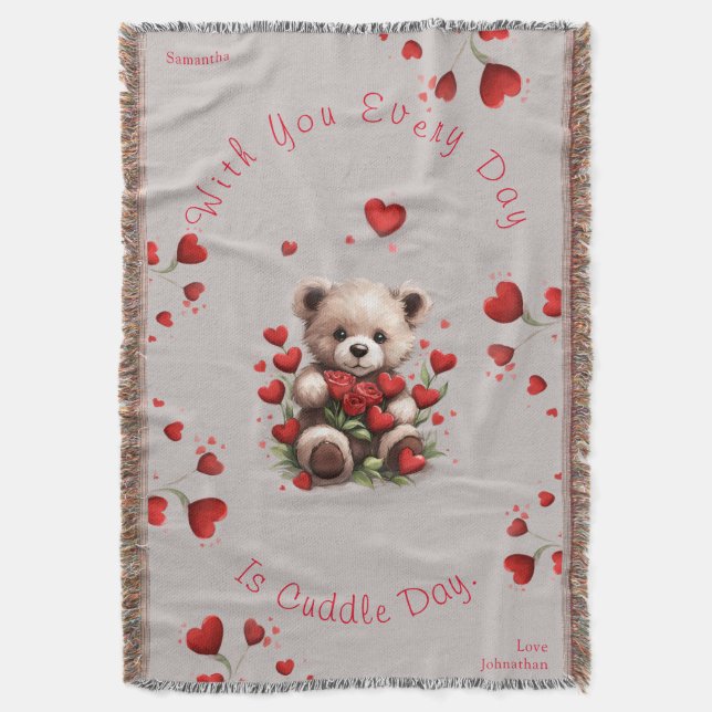 Cozy Teddy Bear Love Hearts & Roses Valentines Day Throw Blanket (Front Vertical)