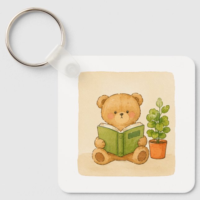 Cozy Teddy Bear Reading Book Keychain (Front)